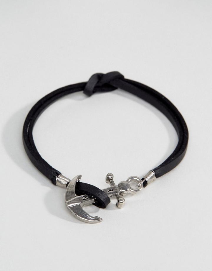 Icon Brand Leather Anchor Bracelet In Black - Black