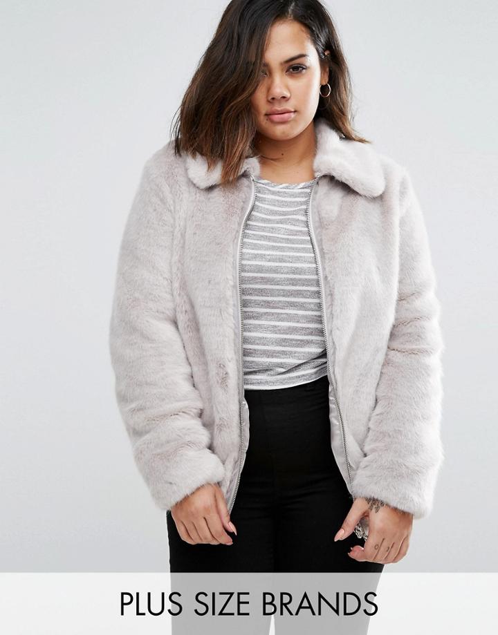 New Look Plus Faux Fur Bomber Jacket - Gray