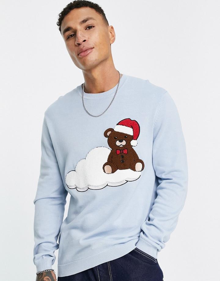 Asos Design Knitted Christmas Sweater With Teddy Bear Applique In Blue-purple