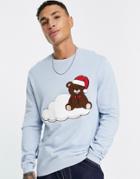 Asos Design Knitted Christmas Sweater With Teddy Bear Applique In Blue-purple