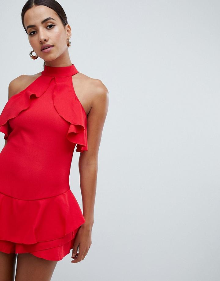Ax Paris Layered Skater Dress With Racer Neck - Red