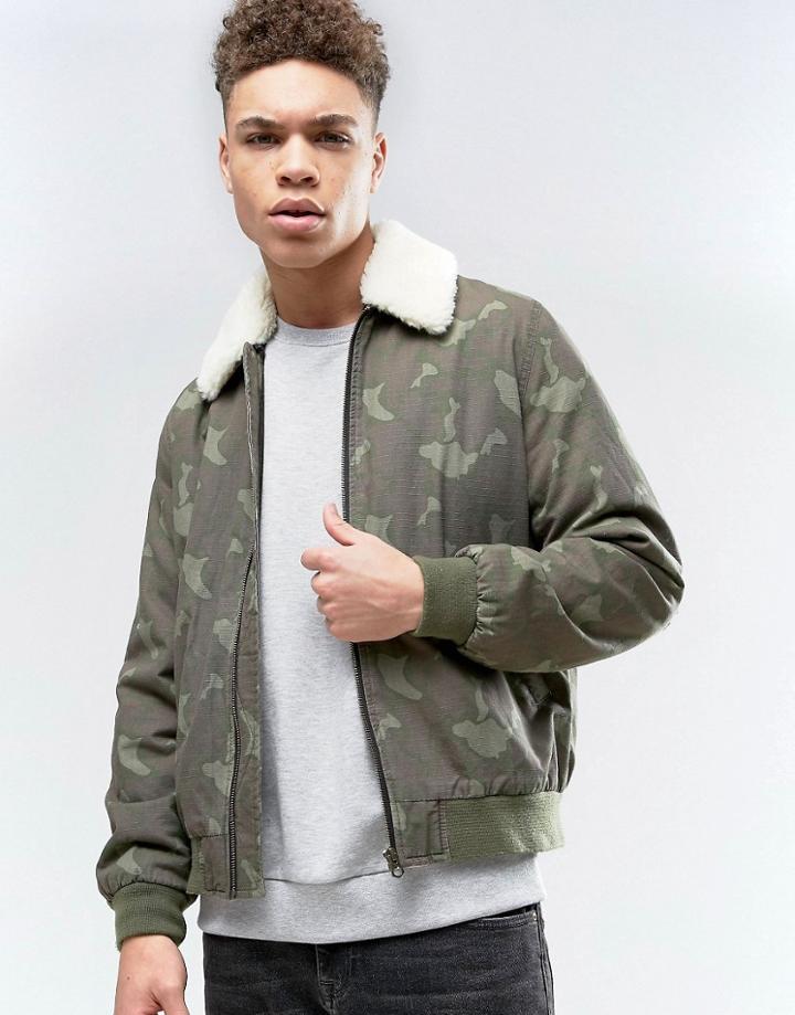 Asos Bomber Jacket With Fleece Collar In Camo - Green