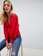Asos Design Long Sleeve V Neck Blouse With Volume Sleeve-red