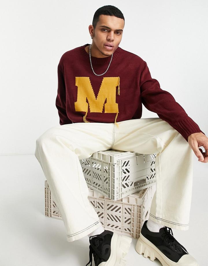 Mennace Varsity Knitted Sweater In Burgundy With Rust Embroidery-red