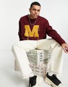 Mennace Varsity Knitted Sweater In Burgundy With Rust Embroidery-red