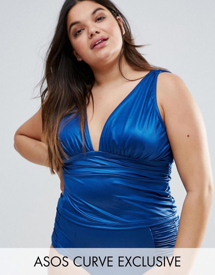 Asos Curve Mix And Match Deep Band Plunge Tankini Bikini Top - Green