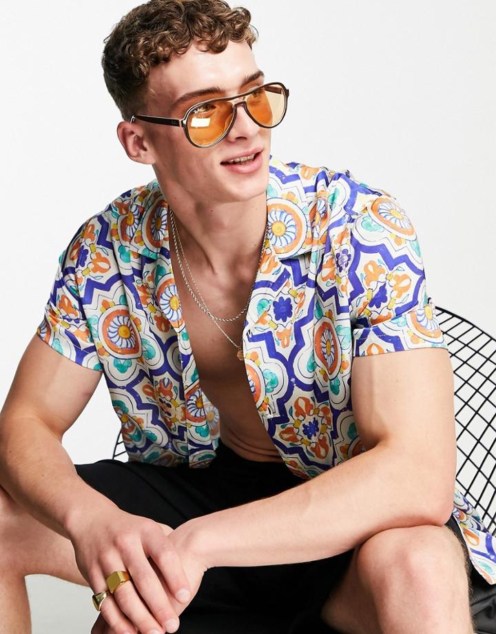 Asos Design Relaxed Camp Collar Shirt In Tile Inspired Print-white