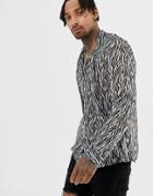 Asos Design Regular Sheer Zebra Sparkley Shirt With Tie Neck - Gray