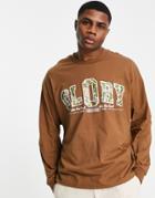 Asos Design Oversized Long Sleeve T-shirt In Brown With Floral Collegiate Chest Print