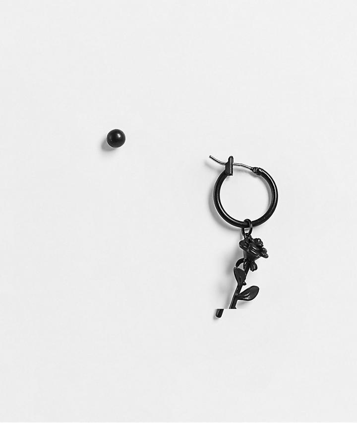 Asos Design 2 Pack Earrings Set With Rose Drop And Stud In Matte Black