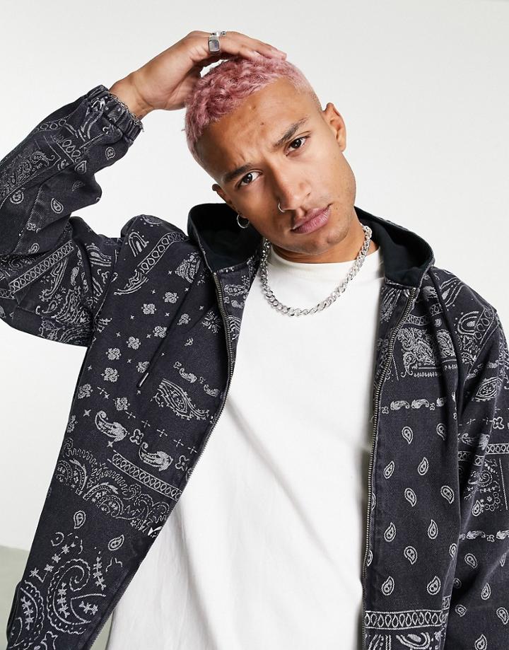 Topman Hooded Denim Jacket With Paisley Print In Washed Black