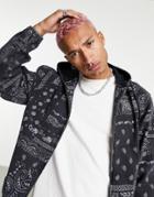 Topman Hooded Denim Jacket With Paisley Print In Washed Black
