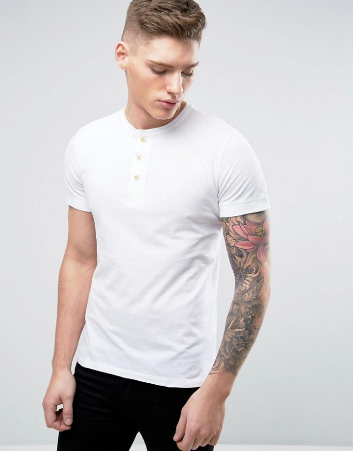 Abercrombie & Fitch Henley T-shirt Muscle Slim Fit Rib Cuffed Sleeve In White - White