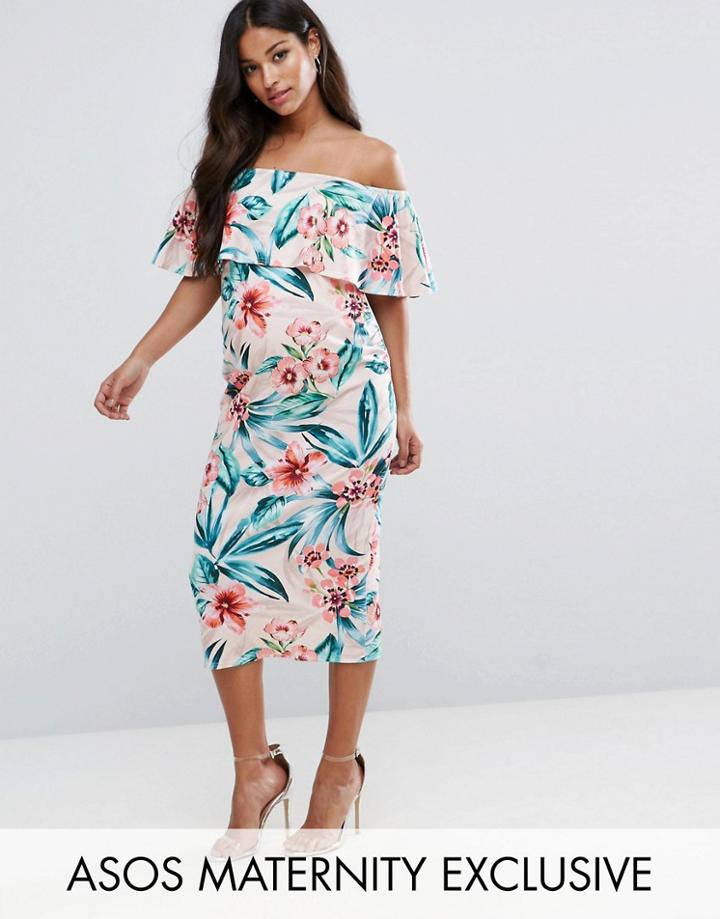 Asos Maternity Midi Bardot Pencil Dress With Ruffle In Floral Print - Multi
