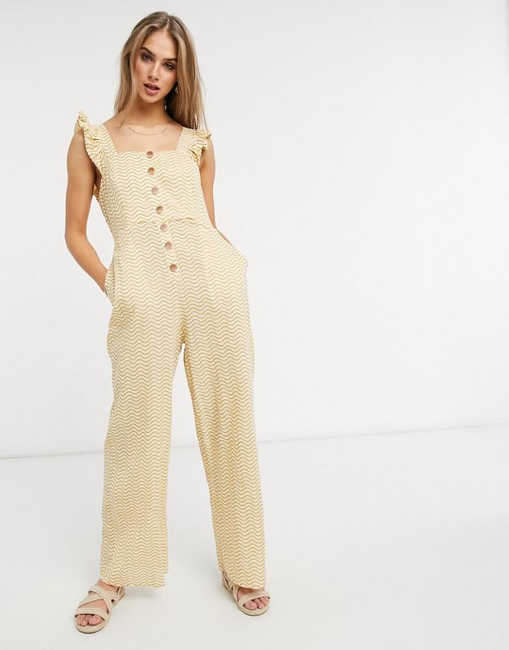 Fashion Union Exclusive Beach Button Closure Jumpsuit With Ruffle Detail In Mustard Wave Print-yellow