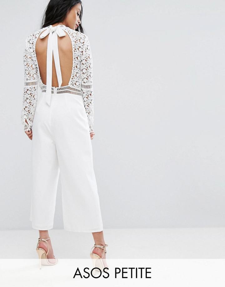 Asos Petite Premium Lace Jumpsuit With Open Back And Culotte Leg - White