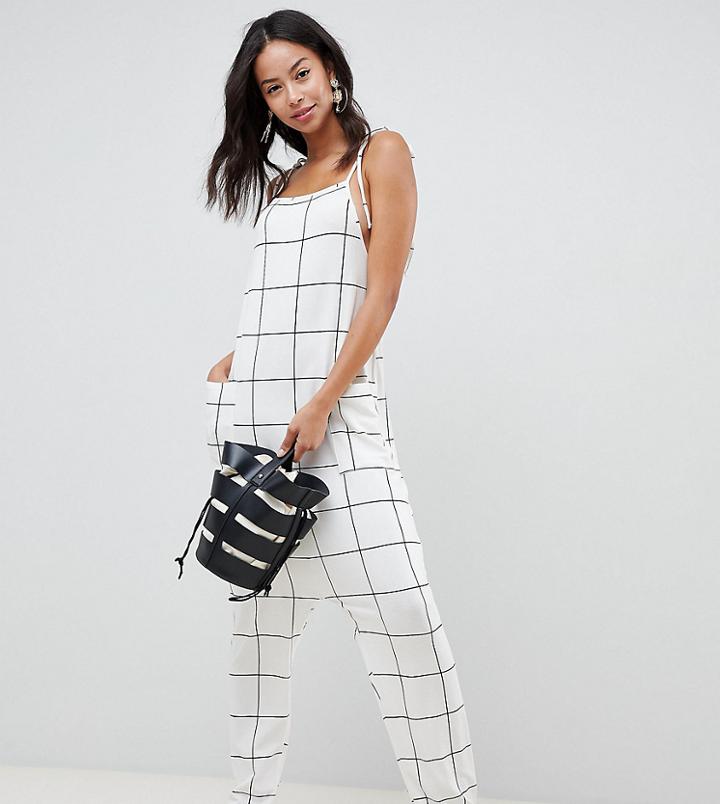 Asos Design Tall Jumpsuit Minimal With Ties In White Check - Multi
