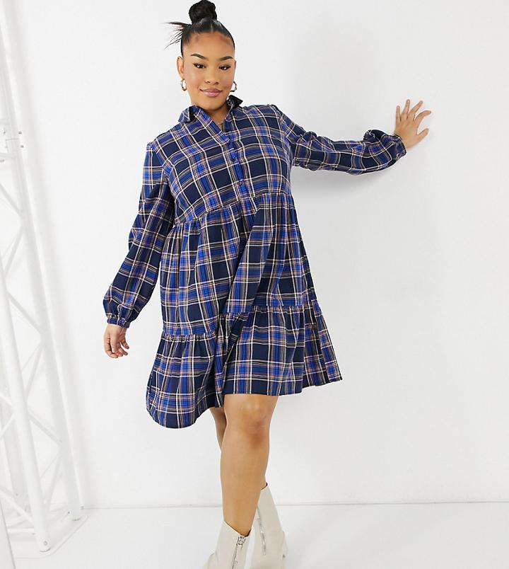 New Look Curve Button Front Plaid Smock Mini Dress In Blue Pattern-blues