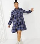 New Look Curve Button Front Plaid Smock Mini Dress In Blue Pattern-blues