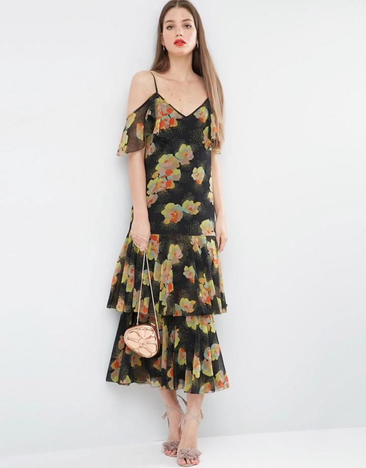Asos Premium Maxi Dress With Frill Hem And Cold Shoulder In Floral Print - Multi