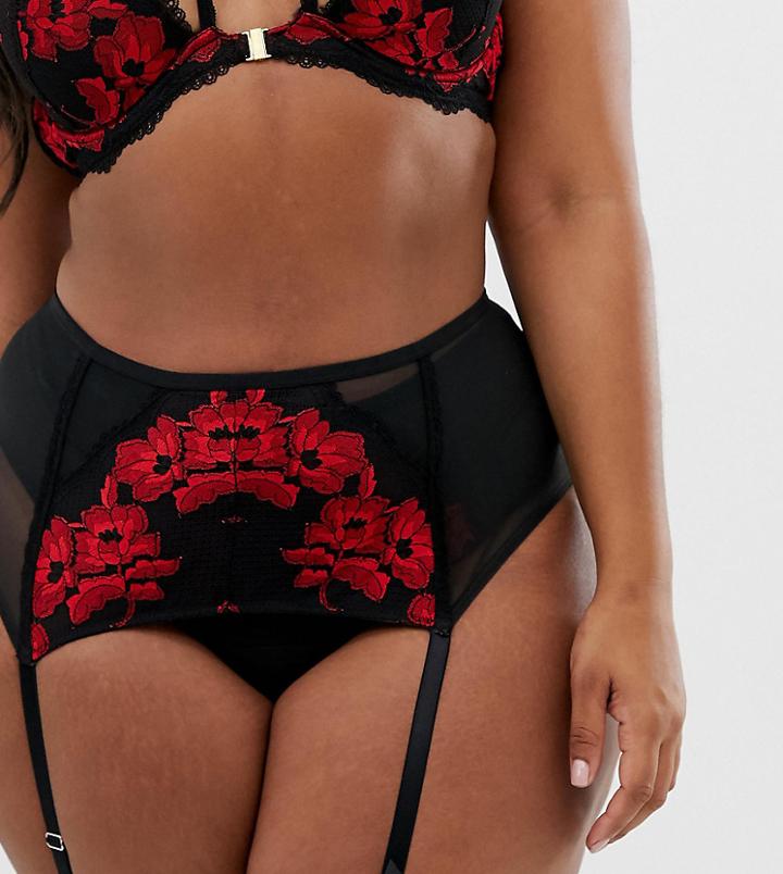 Simply Be Valentines Lace Suspender Belt In Black And Red - Black