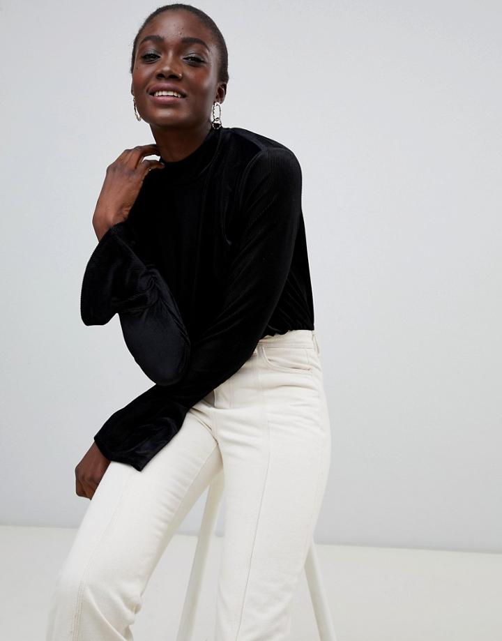 Pieces High Neck Velvet Ribbed Flare Sleeve Top-black