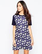 Madam Rage Floral Shift Dress With Contrast Sleeves - Navy
