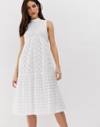 Asos Design Premium Tiered Broderie High Neck Midi Swing Dress-white