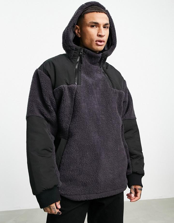 Topman Hooded Fleece Jacket In Black And Charcoal