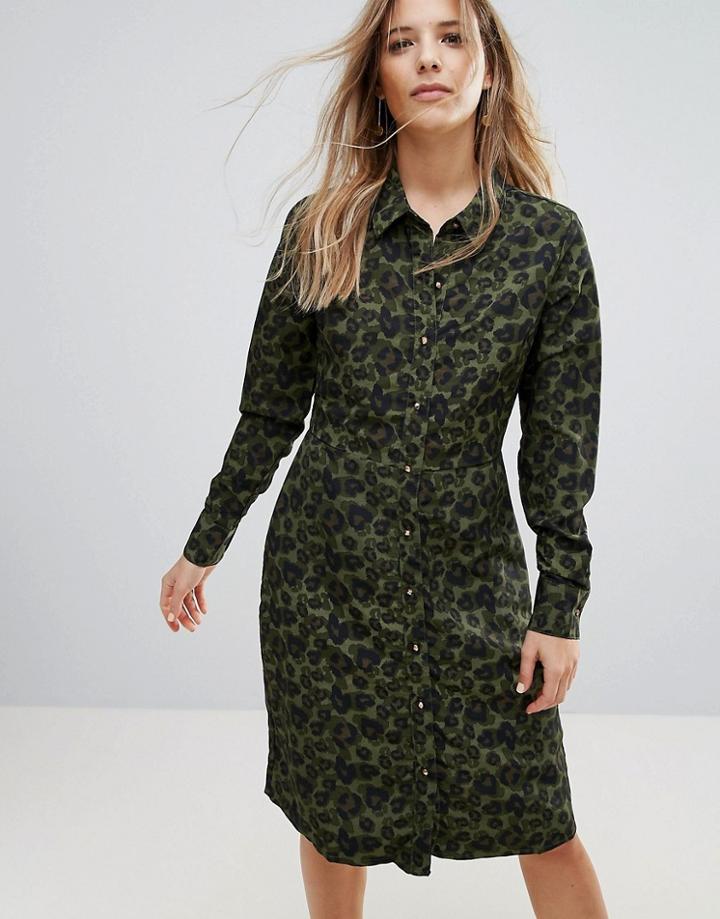 Brave Soul Lexis Button Through Midi Dress In Camo Print - Green