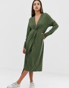 Asos Design Relaxed Long Sleeve Midi Dress With Knot Front - Green