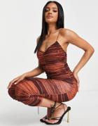 Asos Design Cami Strappy Midi Dress With Ruched Detail In Rust Tie Dye Print-multi