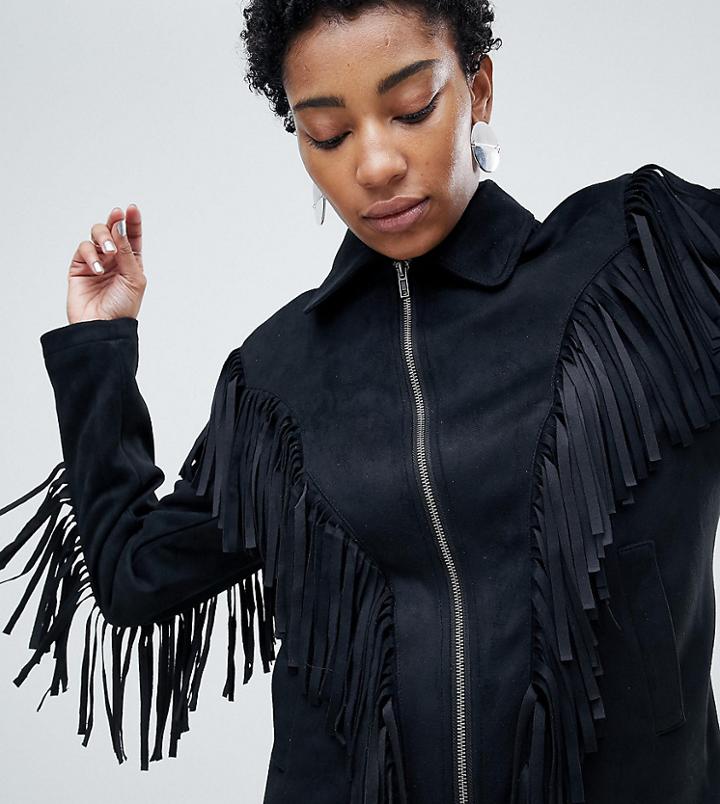 Asos Design Tall Fringe Suedette Jacket - Black