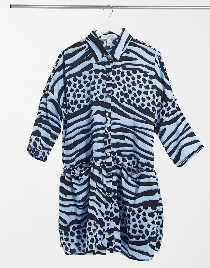Liquorish Mini Oversized Wrap Dress In Blue Animal Print