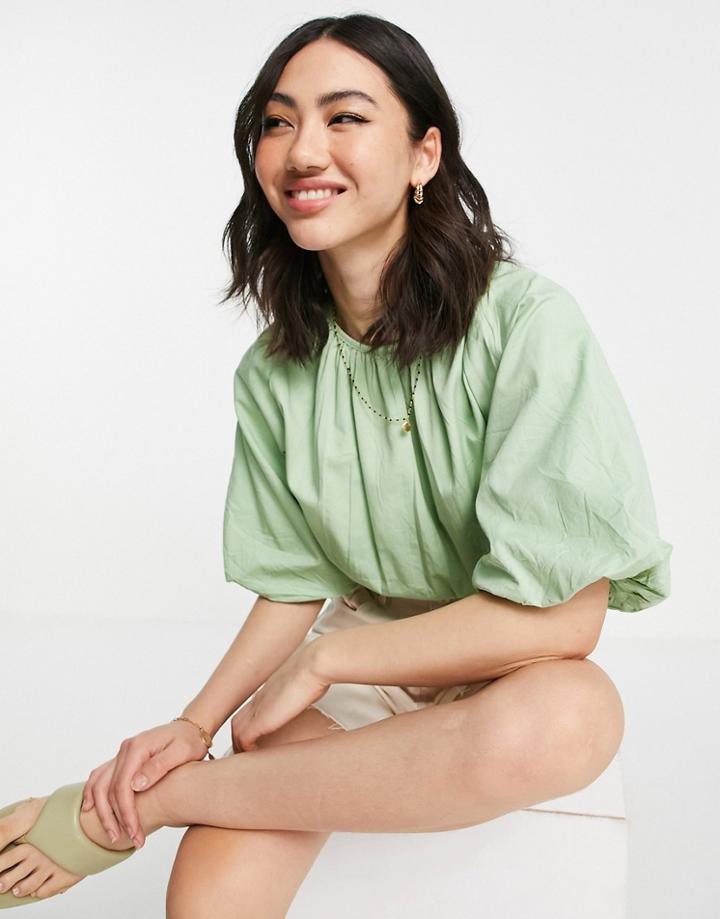 Pretty Lavish Cotton Puff Sleeve Crop Top In Pastel Green - Mgreen