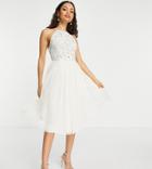 Maya Petite Bridesmaid Bardot Midi Tulle Dress With Tonal Delicate Sequin In Ecru-white