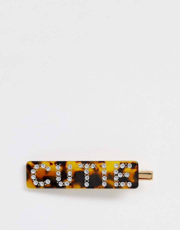 Asos Design Hair Clip In Tortoiseshell Resin With Crystal Cutie Slogan - Multi