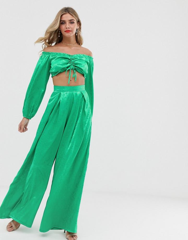 Twisted Wunder Satin Jacquard Highwaisted Pants In Green - Green