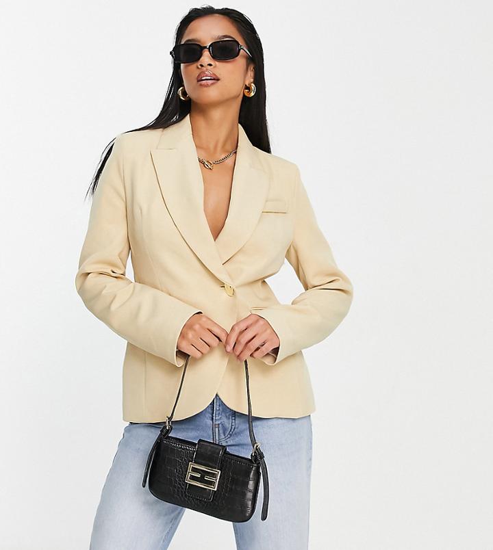 River Island Petite Wrap Over Cinched Blazer In Beige - Part Of A Set-neutral