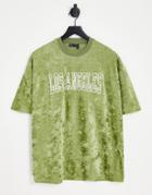 Asos Design Oversized T-shirt In Khaki Velour With Los Angeles City Print-green
