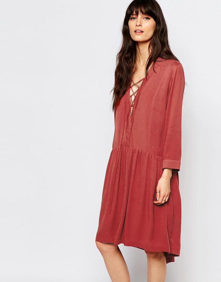 Just Female Canyon Smock Dress With Tie Front - Marsala Red