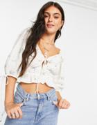 Asos Design Tie Front Floral Top With Shirred Waist-white