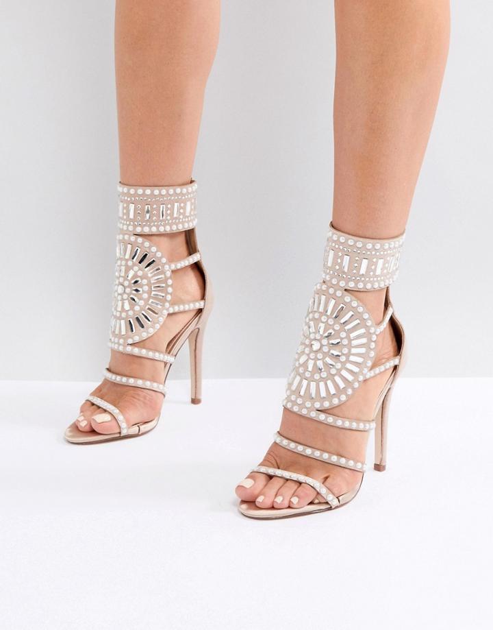 Public Desire Cleopatra Embellished Heeled Sandals In Rose Gold Satin - Gold