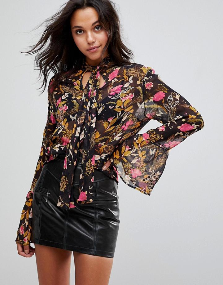 Millie Mackintosh Rose Print Embroidery Blouse - Black