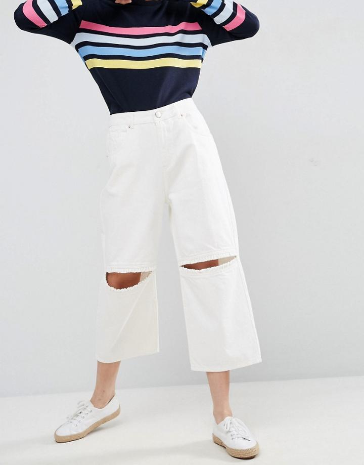 Asos Crop Skater Jeans With Frill Knees - White