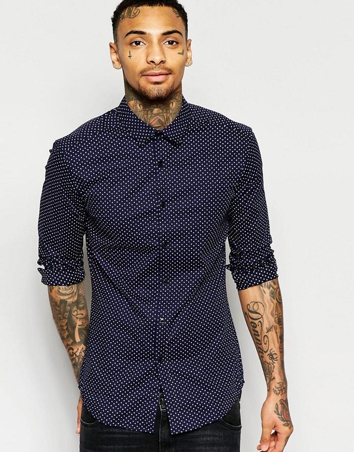 Asos Skinny Shirt In Navy With Polka Dots - Navy