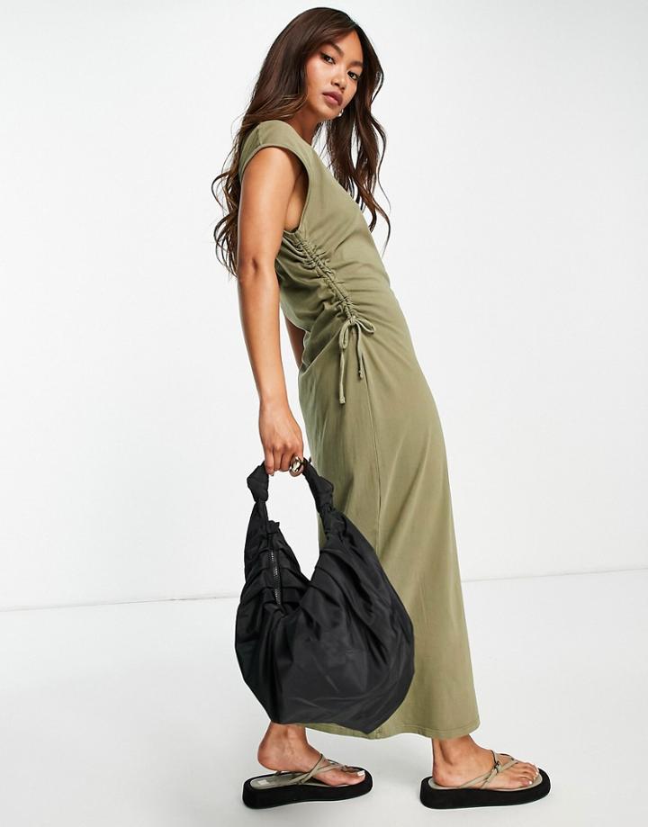 River Island Ruched Side Midi T-shirt Dress In Green