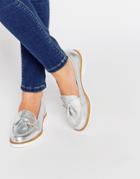 Kg By Kurt Geiger Kola Silver Leather Loafer Flat Shoes - Silver