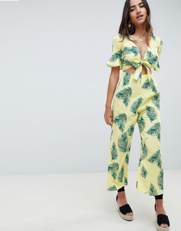 Asos Design Tea Jumpsuit With Cut Out And Tie Detail In Linen In Leaf Print - Multi
