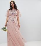 Asos Design Maternity Bridesmaid Floral Embroidered Dobby Mesh Flutter Sleeve Maxi Dress - Multi